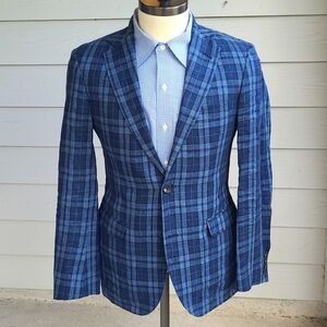 STRONG SUIT Recent Blue Grey Plaid Leomaster LINEN Sz 38‎ R Mens Sport Coat